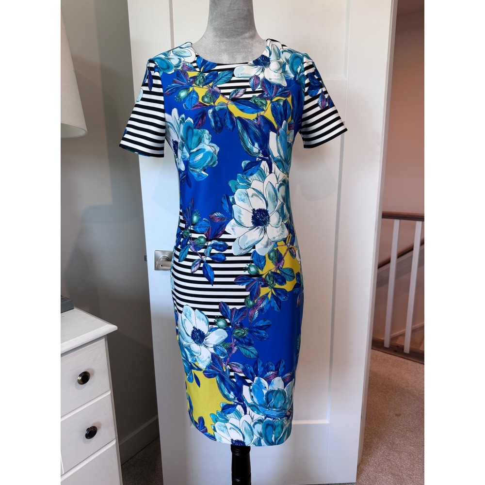 Vince Camuto Floral Stripe Sheath Dress Blue Yellow White Size 6 Short Sleeve